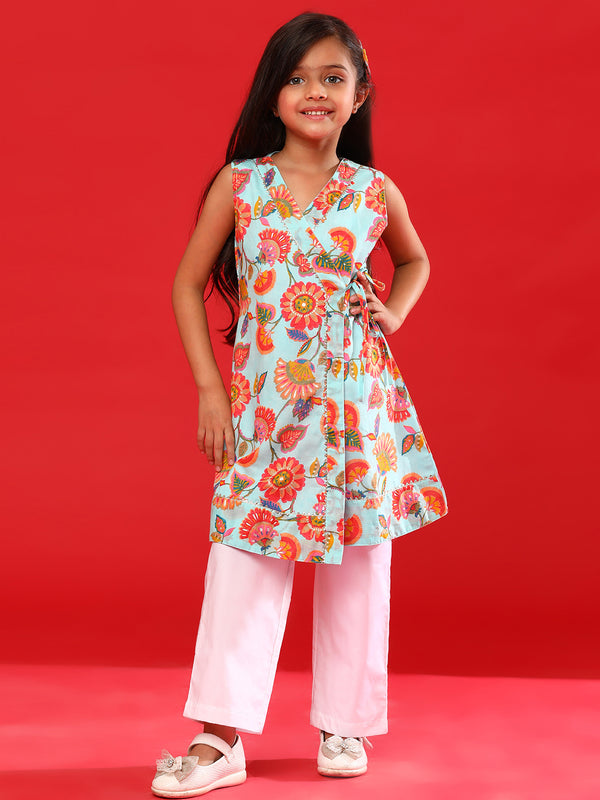 Girls Sky & White Rayon Printed Kurta With Pant