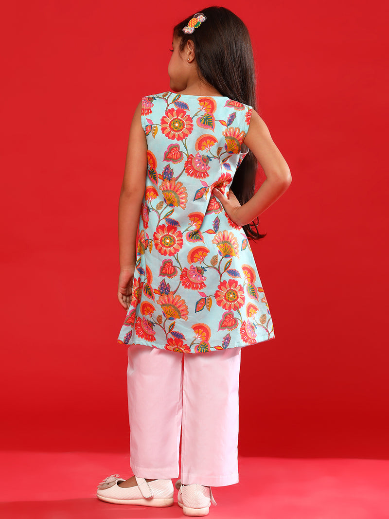 Girls Sky & White Rayon Printed Kurta With Pant