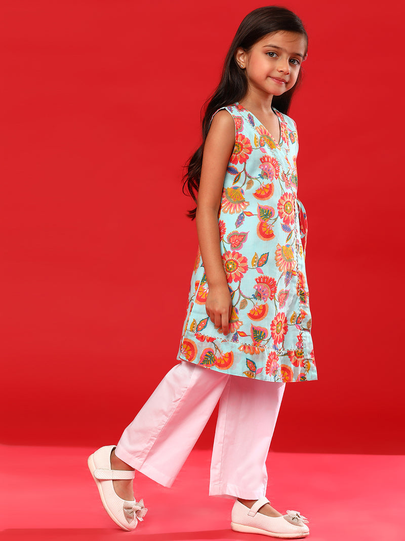 Girls Sky & White Rayon Printed Kurta With Pant