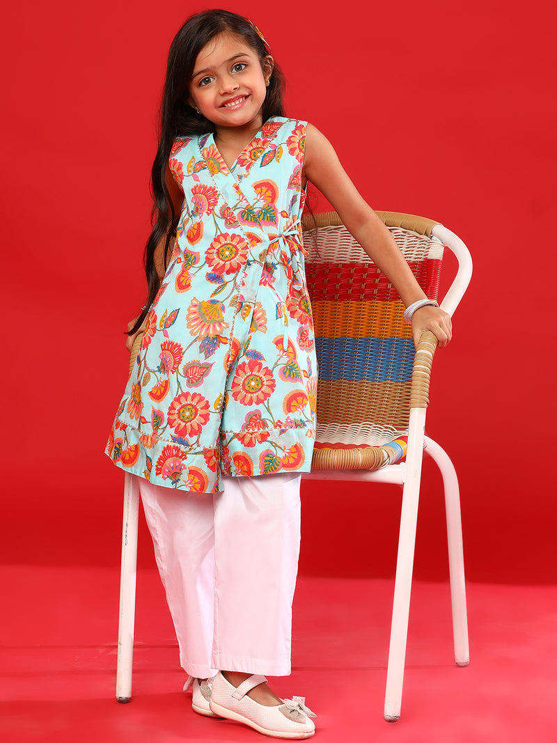 Girls Sky & White Rayon Printed Kurta With Pant