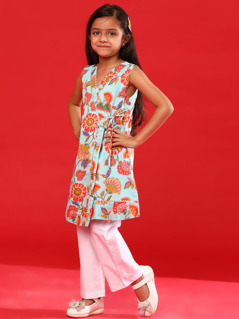 Girls Sky & White Rayon Printed Kurta With Pant