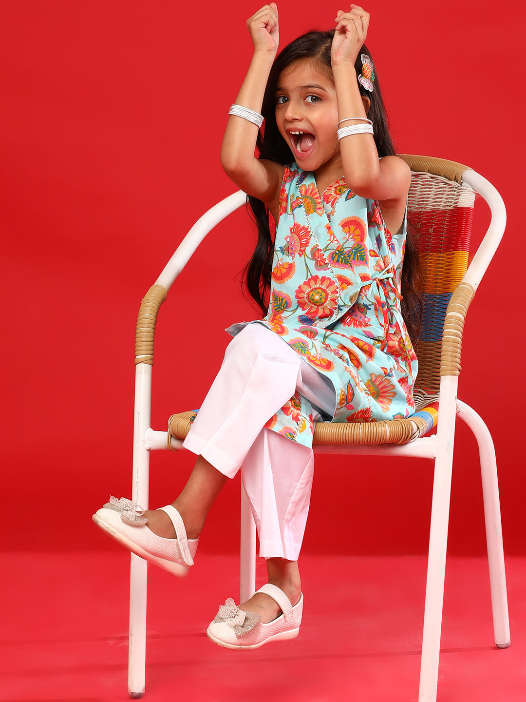 Girls Sky & White Rayon Printed Kurta With Pant