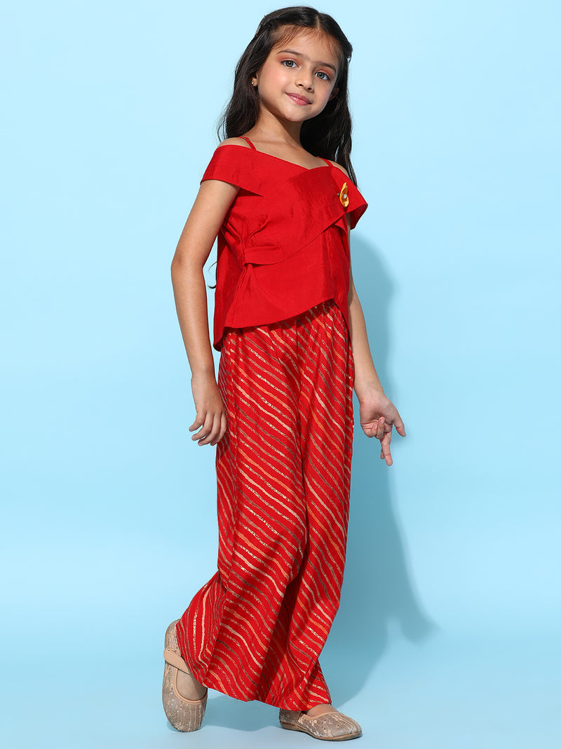 Girls Red Rayon Striped Top With Palazzo