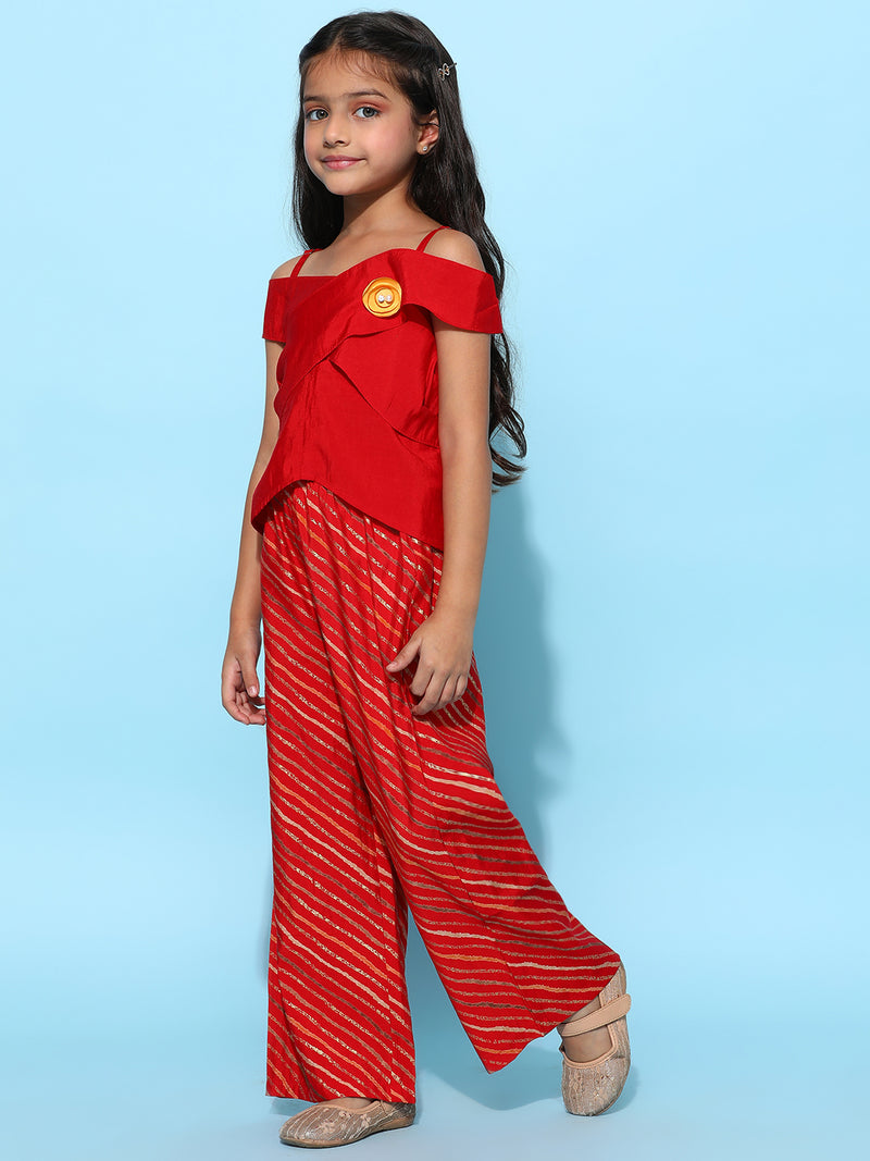 Girls Red Rayon Striped Top With Palazzo