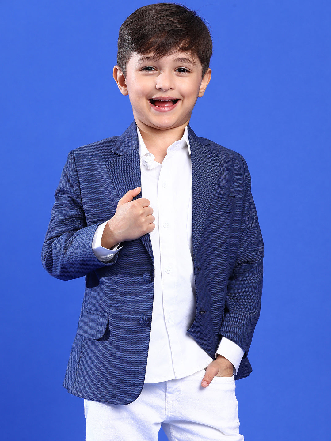 Boy Navy Blue Lycra Full Sleeves Solid Blazer