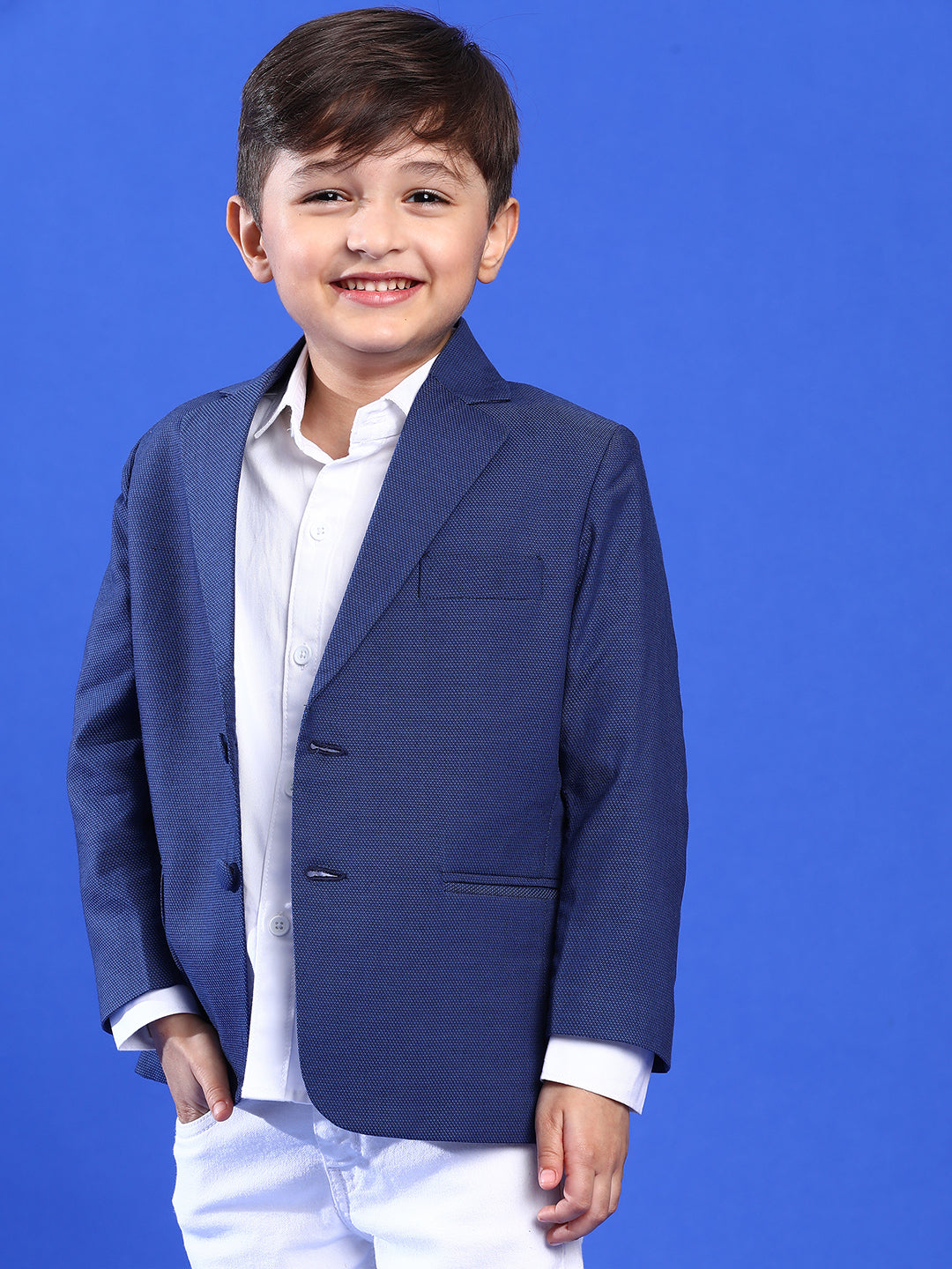 Boy Navy Blue Lycra Full Sleeves Solid Blazer