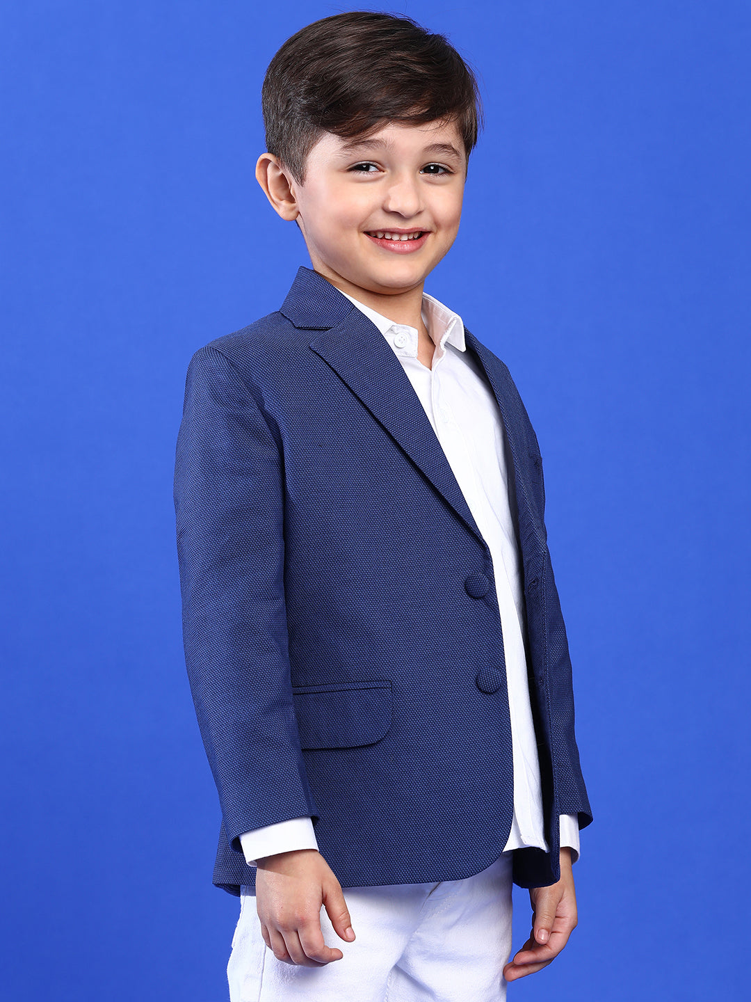 Boy Navy Blue Lycra Full Sleeves Solid Blazer