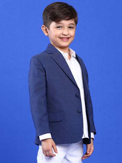 Boy Navy Blue Lycra Full Sleeves Solid Blazer