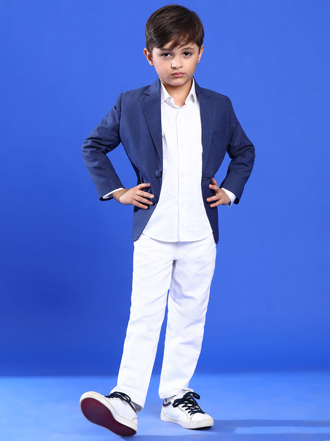 Boy Navy Blue Lycra Full Sleeves Solid Blazer