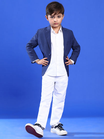 Boy Navy Blue Lycra Full Sleeves Solid Blazer