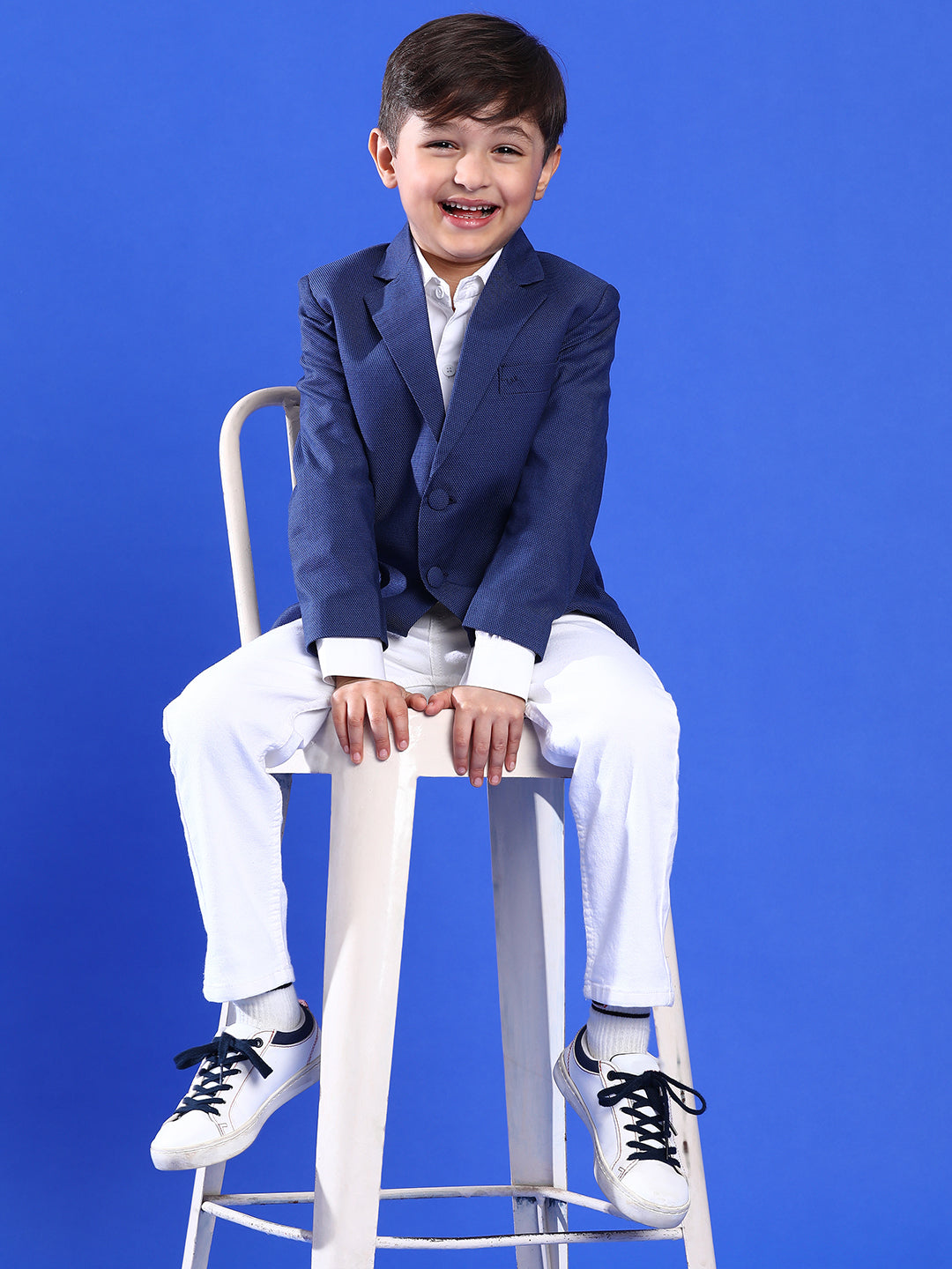 Boy Navy Blue Lycra Full Sleeves Solid Blazer