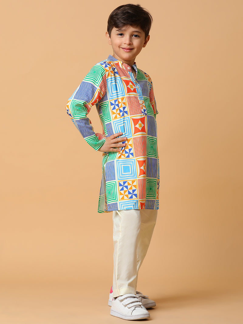 Boys Viscose Multi Color Printed Kurta Set