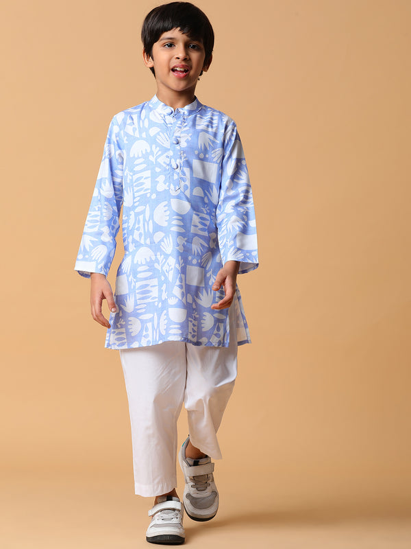 Boys Viscose Blue Printed Kurta Set