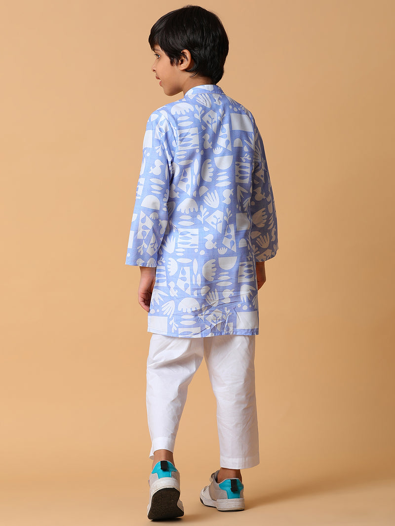 Boys Viscose Blue Printed Kurta Set