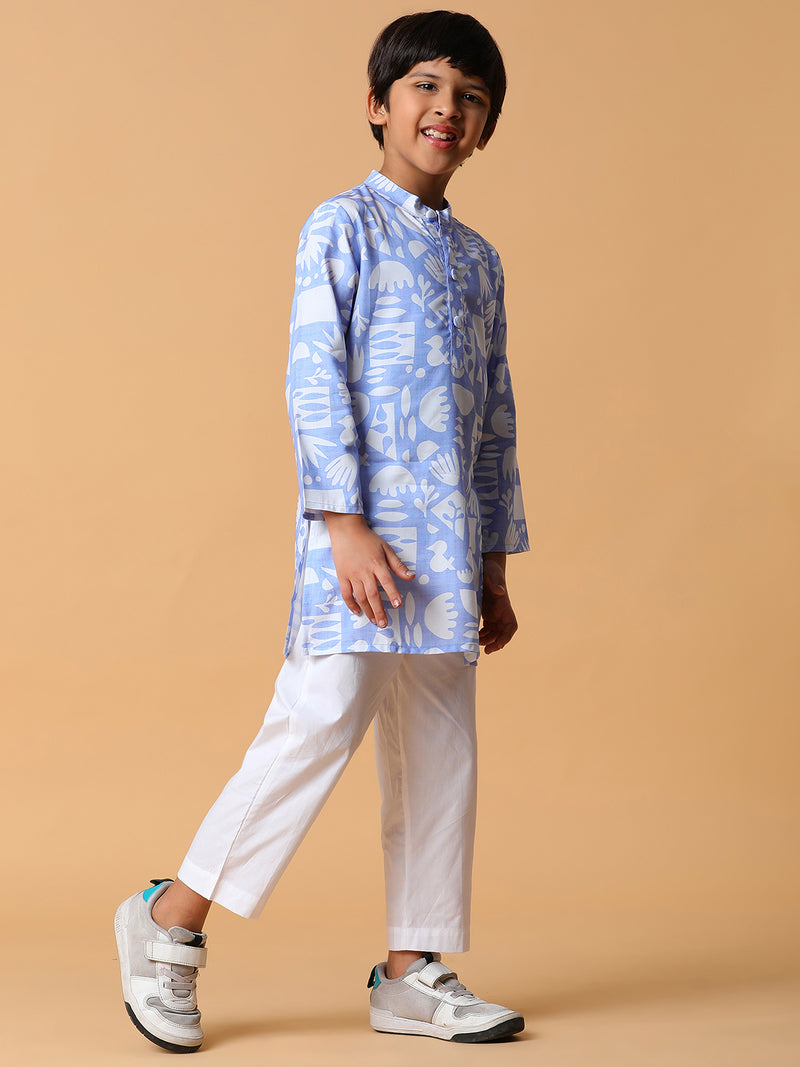 Boys Viscose Blue Printed Kurta Set