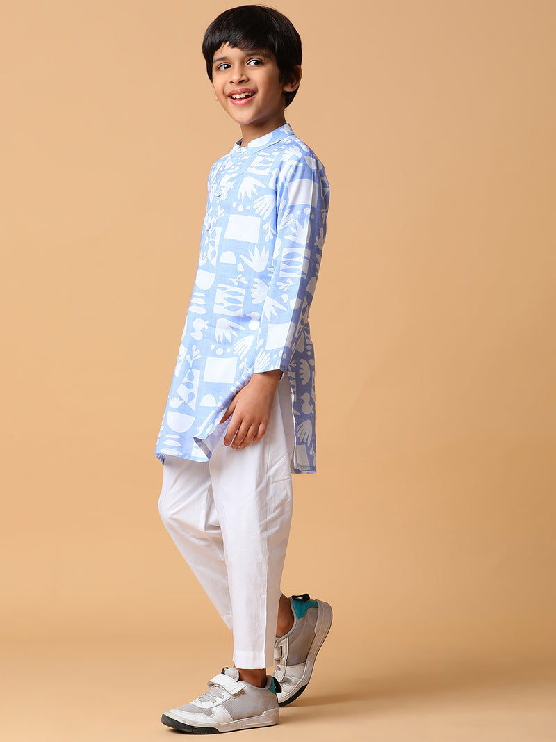 Boys Viscose Blue Printed Kurta Set