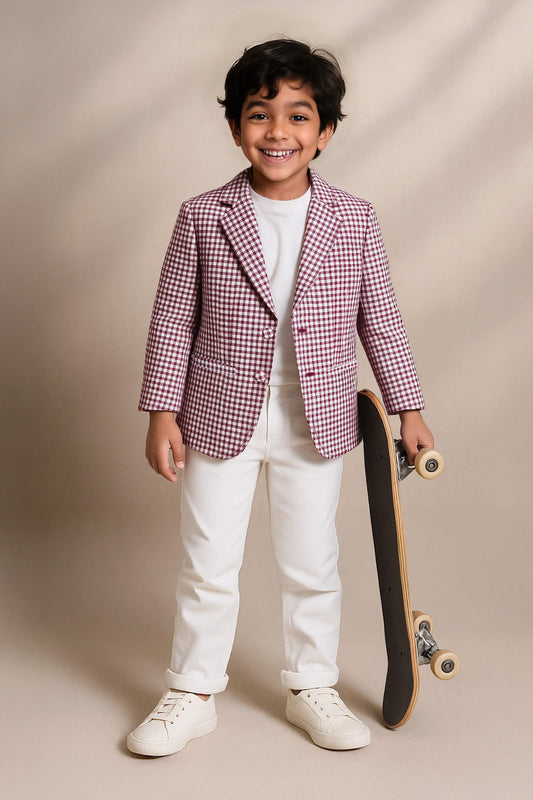 Boys Maroon Cotton Small Checked Blazer
