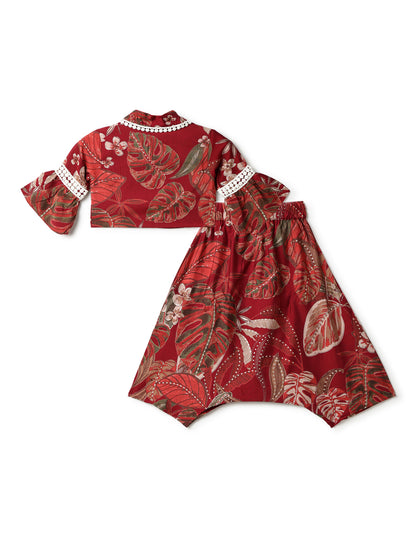 Girls Maroon Cotton Floral Top & Skirt Set