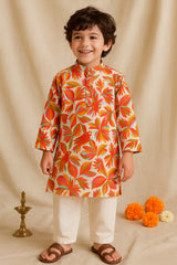 Boys Off White Printed Cotton Mandarin Collar Ethnic Kurta Set
