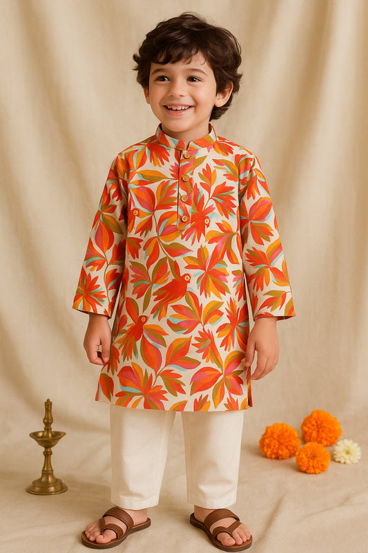Boys Off White Printed Cotton Mandarin Collar Ethnic Kurta Set