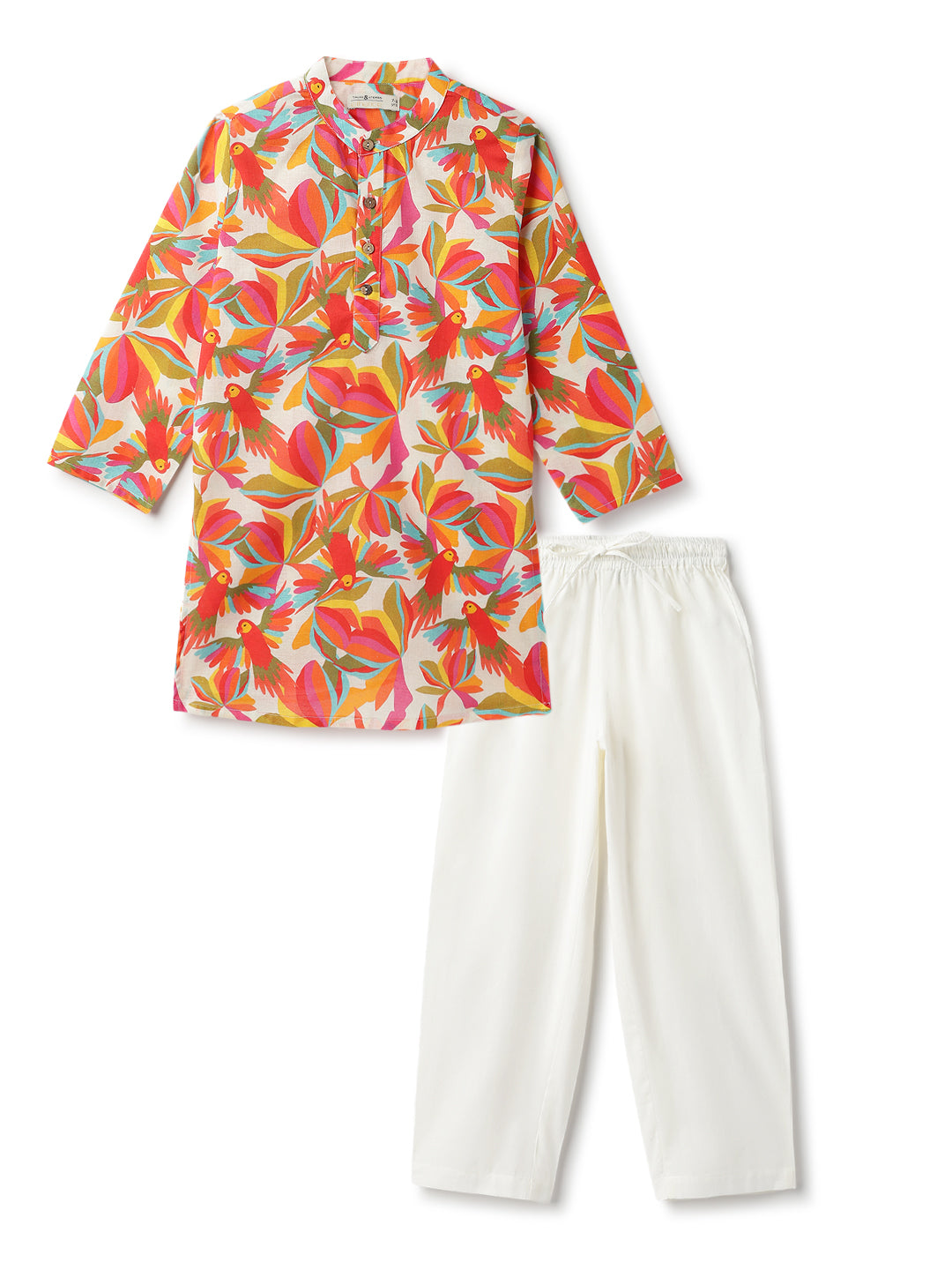 Boys Off White Printed Cotton Mandarin Collar Ethnic Kurta Set