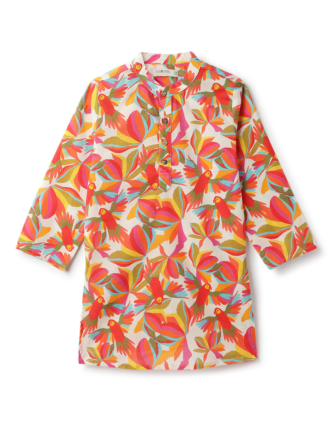 Boys Off White Printed Cotton Mandarin Collar Ethnic Kurta Set