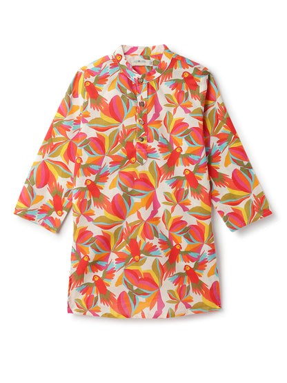 Boys Off White Printed Cotton Mandarin Collar Ethnic Kurta Set