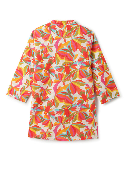 Boys Off White Printed Cotton Mandarin Collar Ethnic Kurta Set