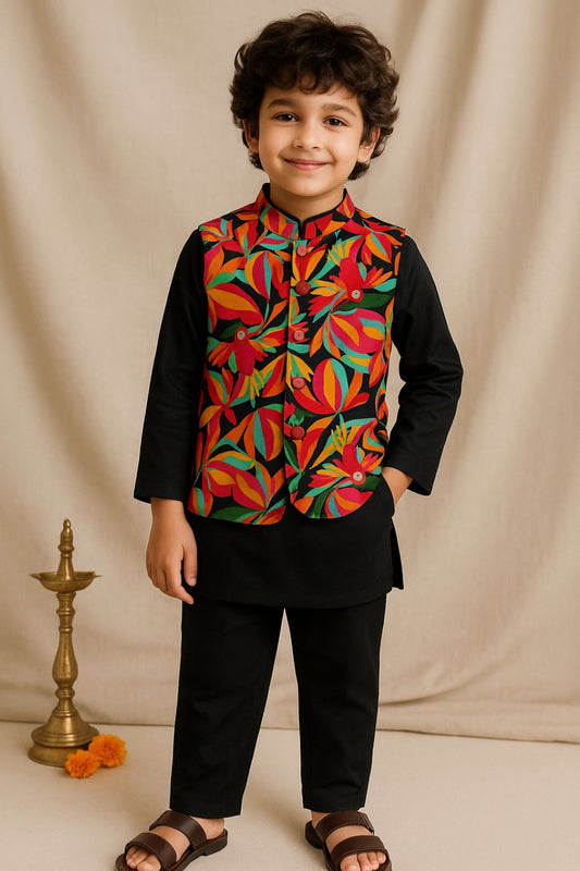 Boys Black Printed Cotton Mandarin Collar Ethnic Kurta Set