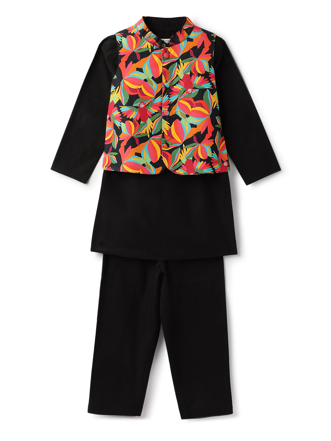 Boys Black Printed Cotton Mandarin Collar Ethnic Kurta Set