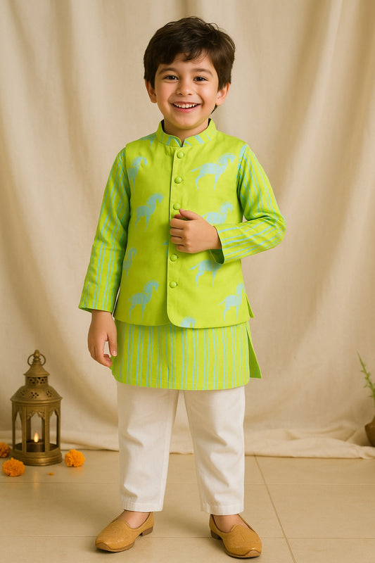Boys Green Printed Viscose Mandarin Collar Ethnic Kurta Set