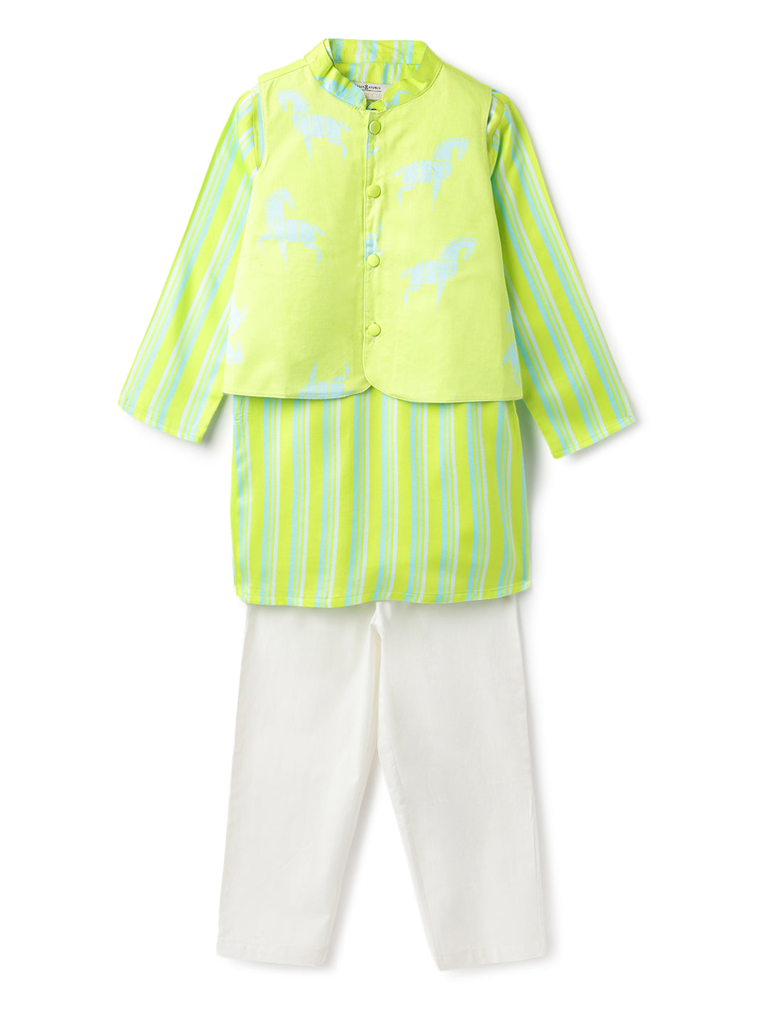 Boys Green Printed Viscose Mandarin Collar Ethnic Kurta Set