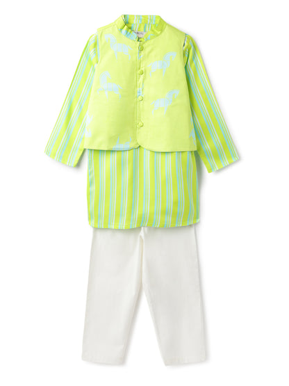 Boys Green Printed Viscose Mandarin Collar Ethnic Kurta Set