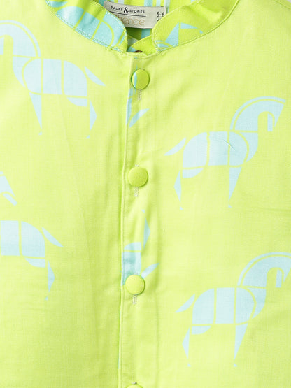 Boys Green Printed Viscose Mandarin Collar Ethnic Kurta Set