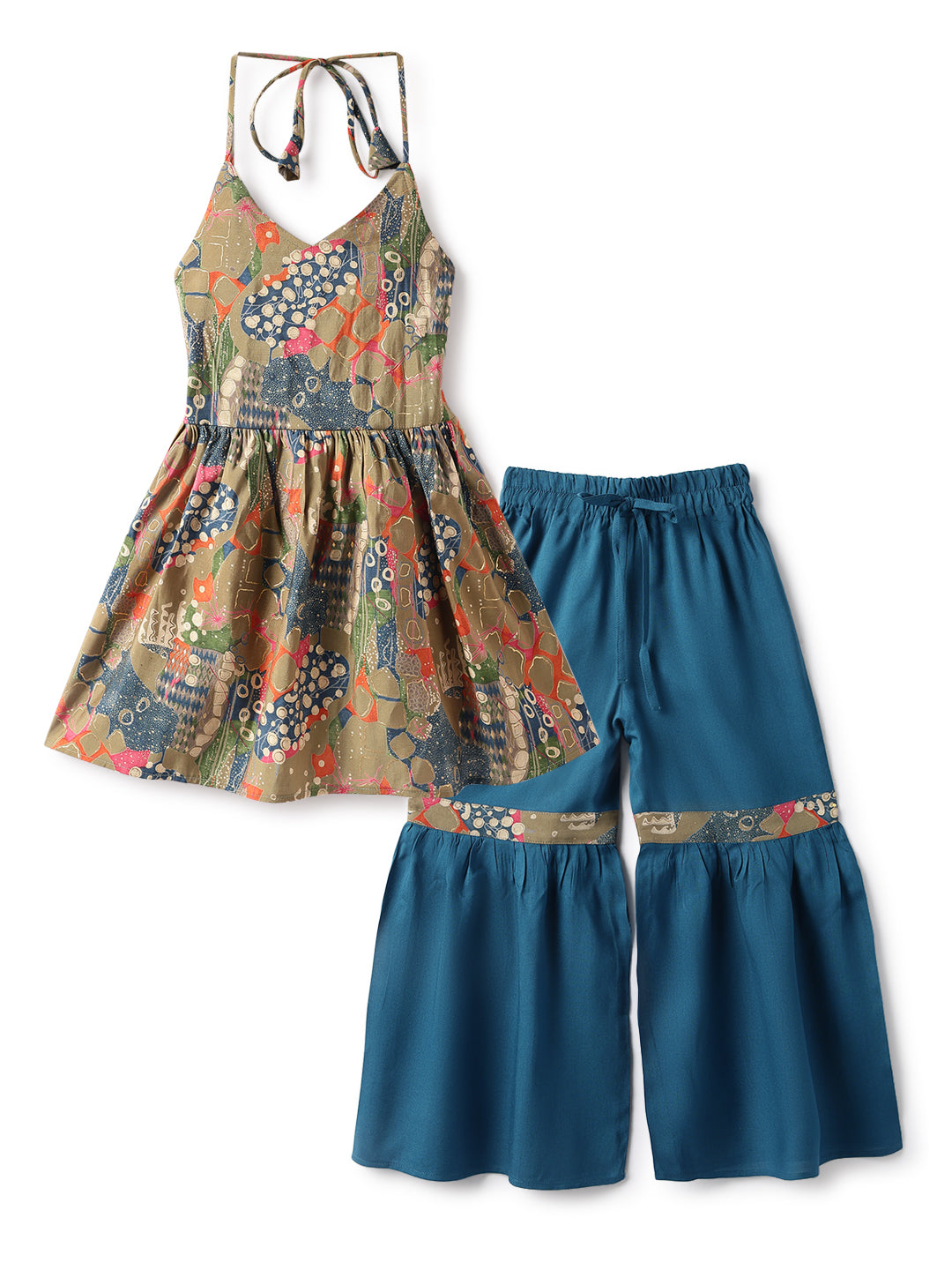 Girls Olive Viscose Polyester Print Top & Sharara Set
