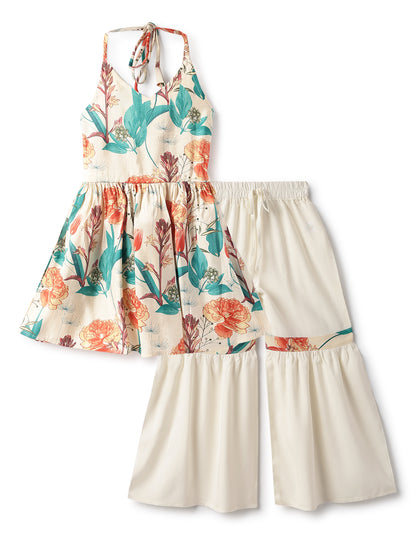 Girls Off White Viscose Polyester Print Top & Sharara Set