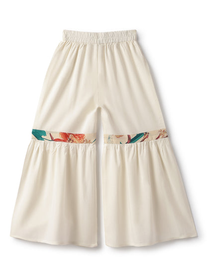 Girls Off White Viscose Polyester Print Top & Sharara Set