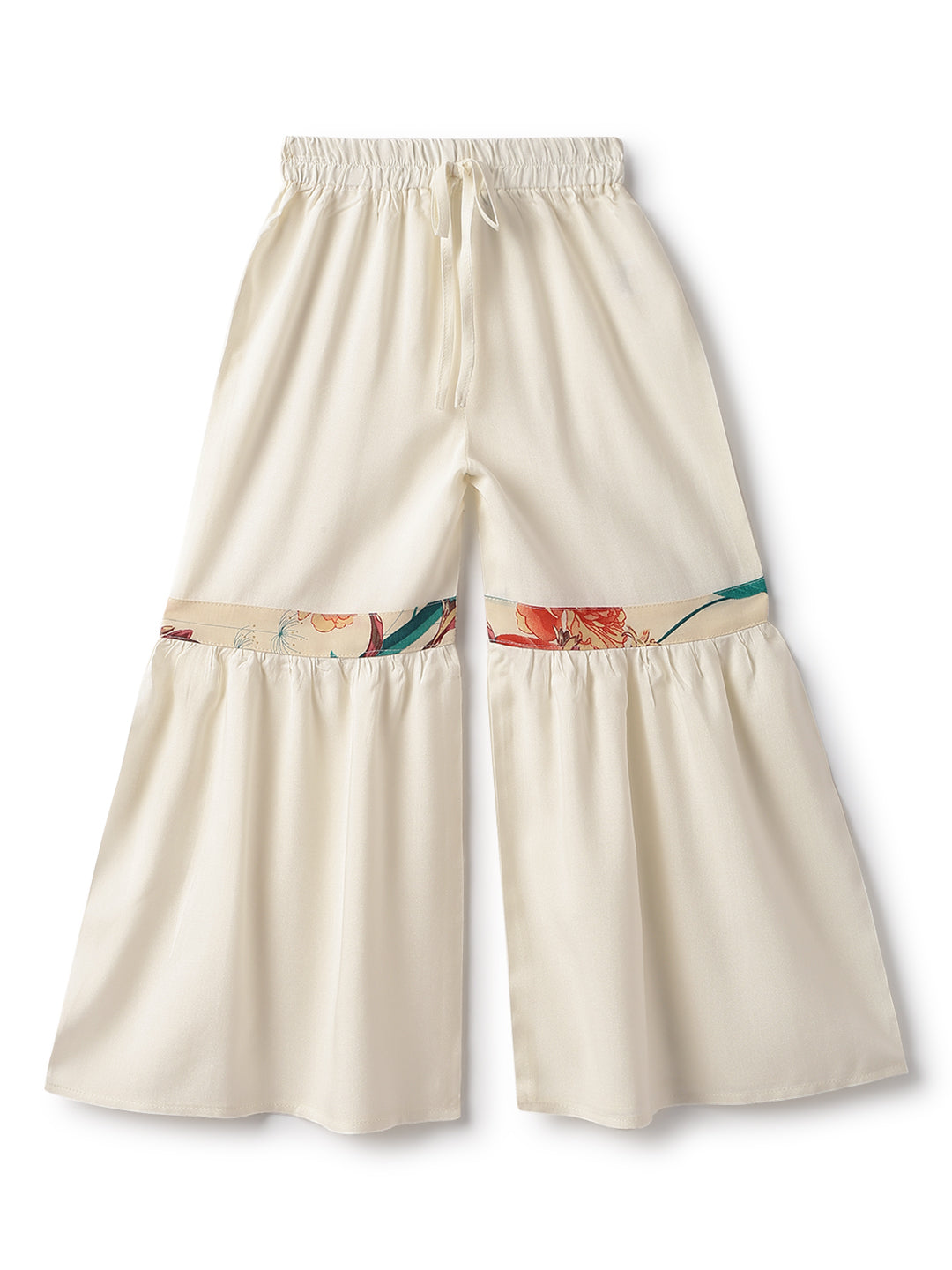 Girls Off White Viscose Polyester Print Top & Sharara Set