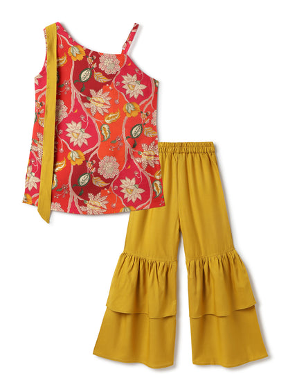 Girls Pink Top & Yellow Sharara Floral Printed Ethnic Set