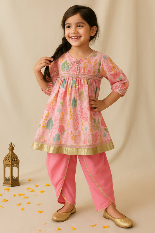 Girls Pink Printed Viscose Polyester Ethnic Top & Dhoti Pant Ethnic Set