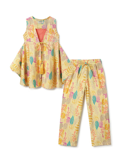 Girls Yellow Printed Ethnic Top & Pants Set