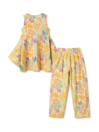 Girls Yellow Printed Ethnic Top & Pants Set