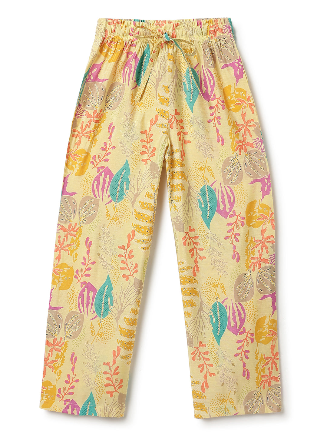 Girls Yellow Printed Ethnic Top & Pants Set