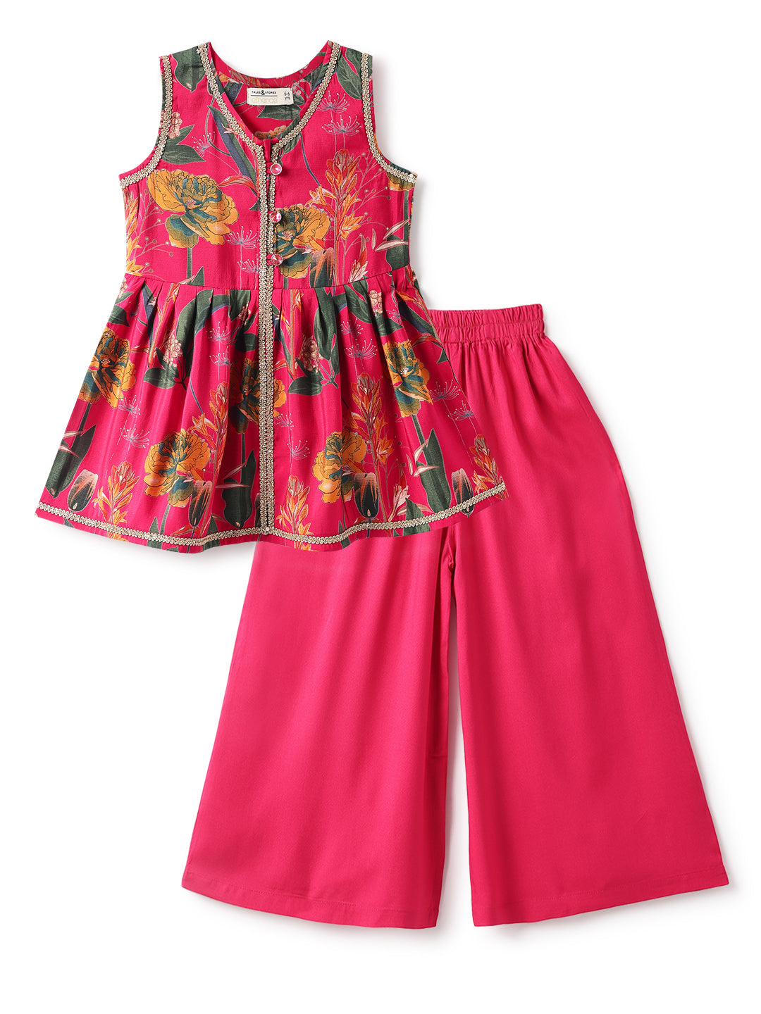 Girls Pink Viscose Polyester Print Top & Sharara Set