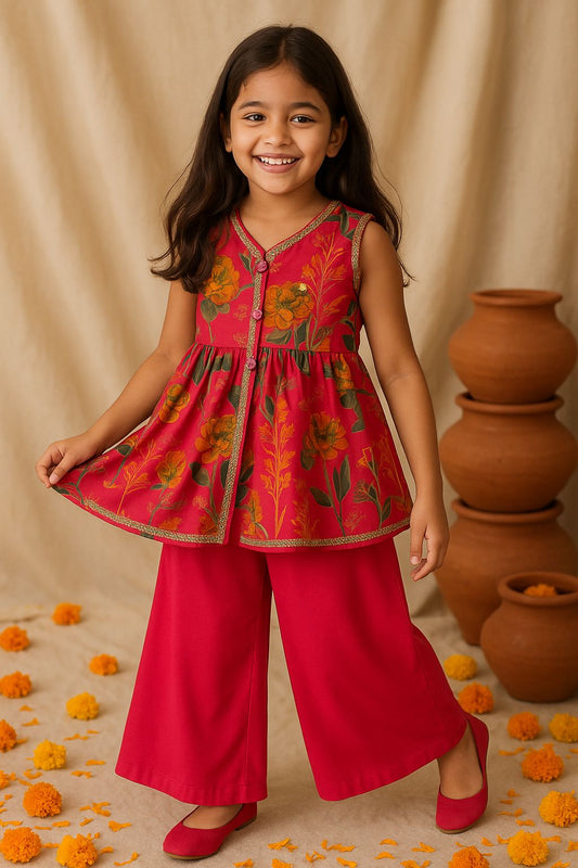 Girls Pink Viscose Polyester Print Top & Sharara Set