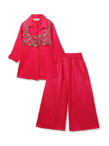 Girls Pink Printed Ethnic Shirt-Jacket & Palazzo Set