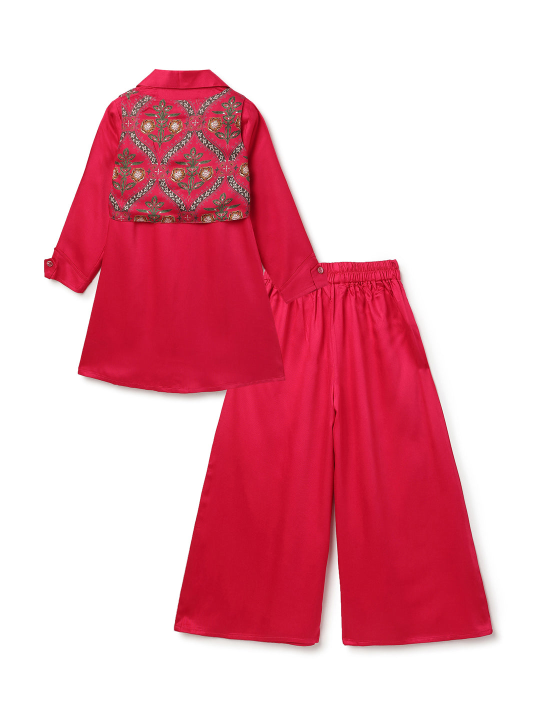 Girls Pink Printed Ethnic Shirt-Jacket & Palazzo Set
