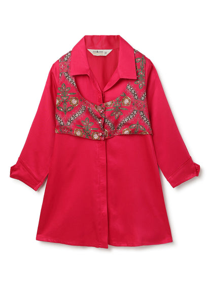 Girls Pink Printed Ethnic Shirt-Jacket & Palazzo Set