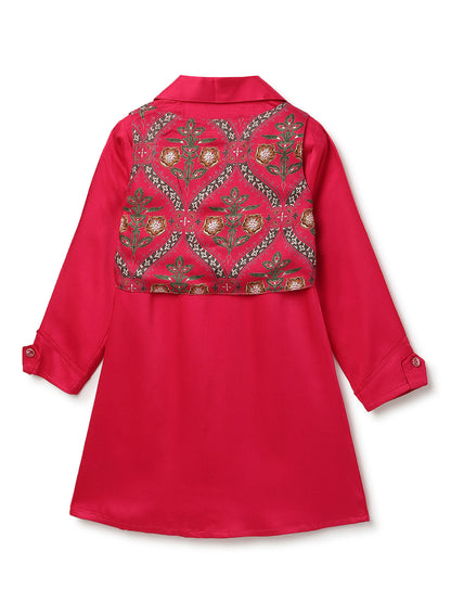 Girls Pink Printed Ethnic Shirt-Jacket & Palazzo Set