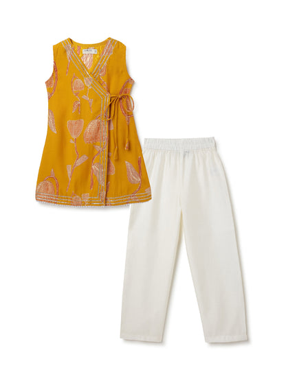 Girls Yellow Printed Ethnic Kurta with Pants Set